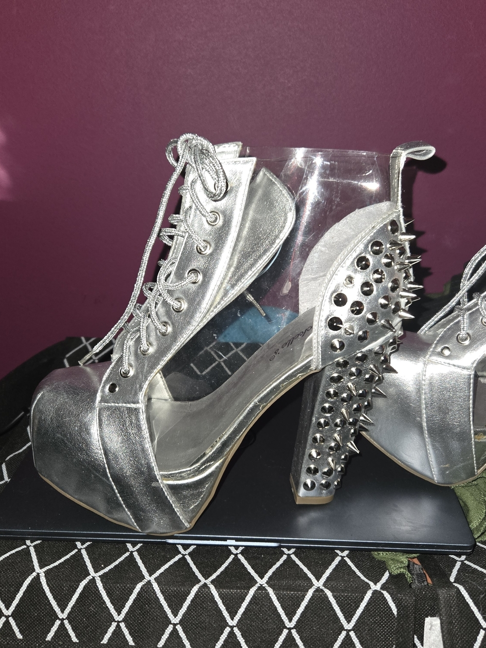 Breckelles Metallic Silver Spike Platform Lace-Up Heels